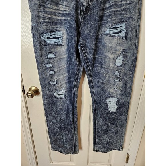 Mens Blue Cult  Denim Stretch Jeans Embroidered Distressed Straight Leg  42x33 - Picture 3 of 9